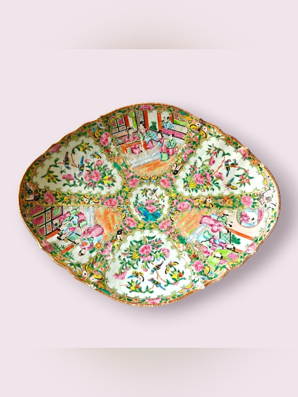 Chinese Rose Mandarin Lobed Form Hand-painted, Footed Serving Centerpiece Bowl